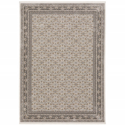 8' X 11' Ivory And Charcoal Oriental Area Rug With Fringe