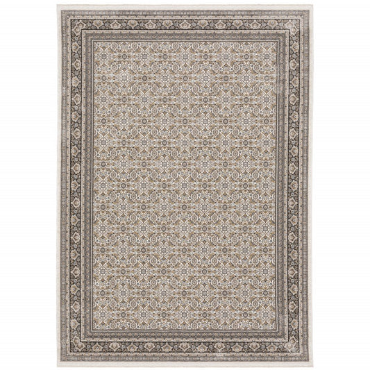 8' X 11' Ivory And Charcoal Oriental Area Rug With Fringe