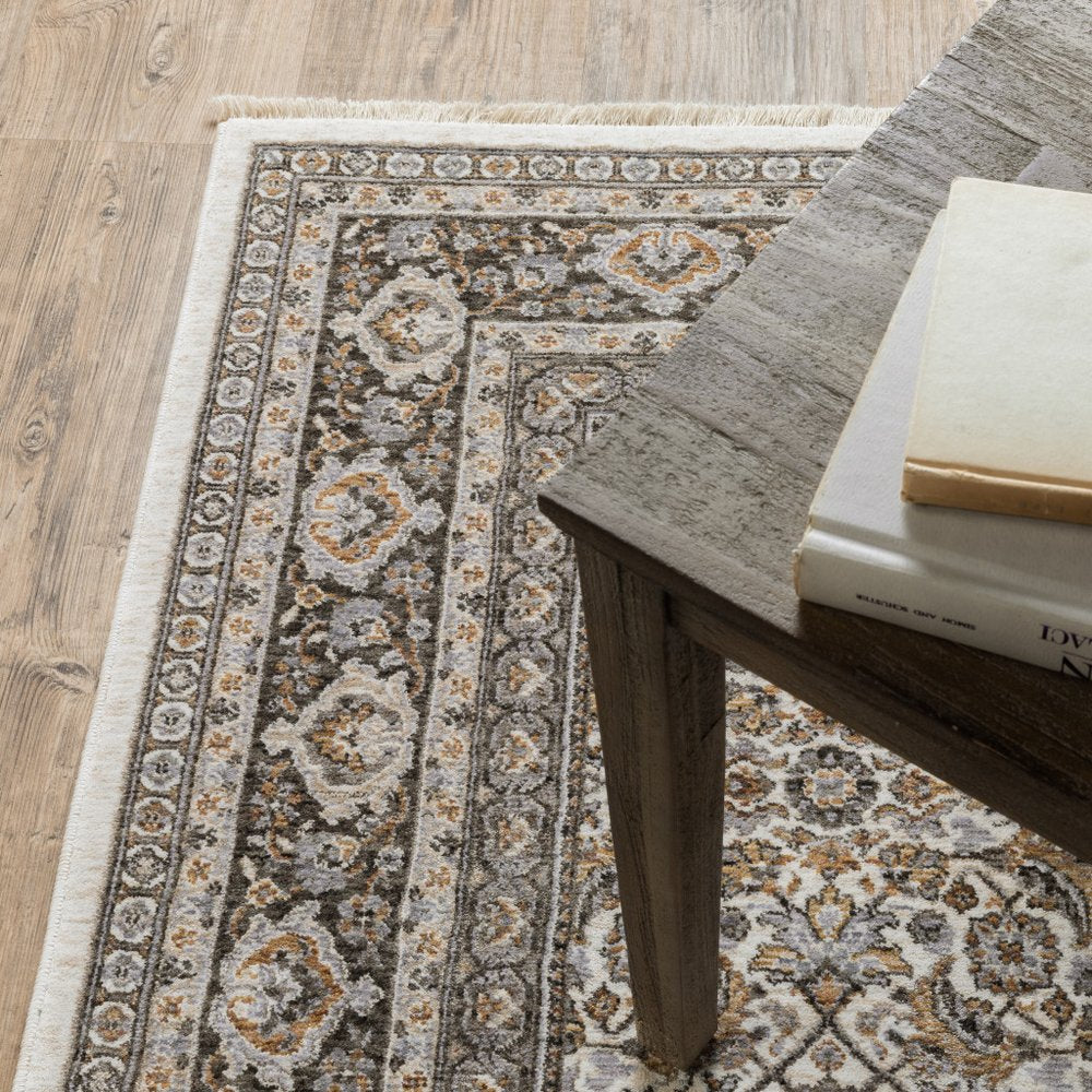 8' X 11' Ivory And Charcoal Oriental Area Rug With Fringe