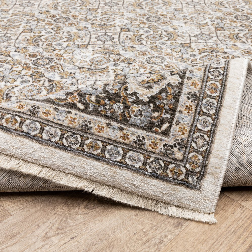 8' X 11' Ivory And Charcoal Oriental Area Rug With Fringe