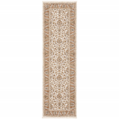 2' X 8' Rust And Ivory Oriental Power Loom Stain Resistant Runner Rug With Fringe