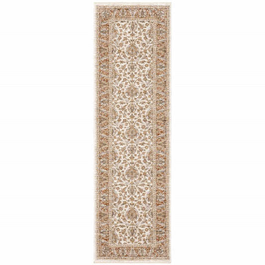2' X 8' Rust And Ivory Oriental Power Loom Stain Resistant Runner Rug With Fringe