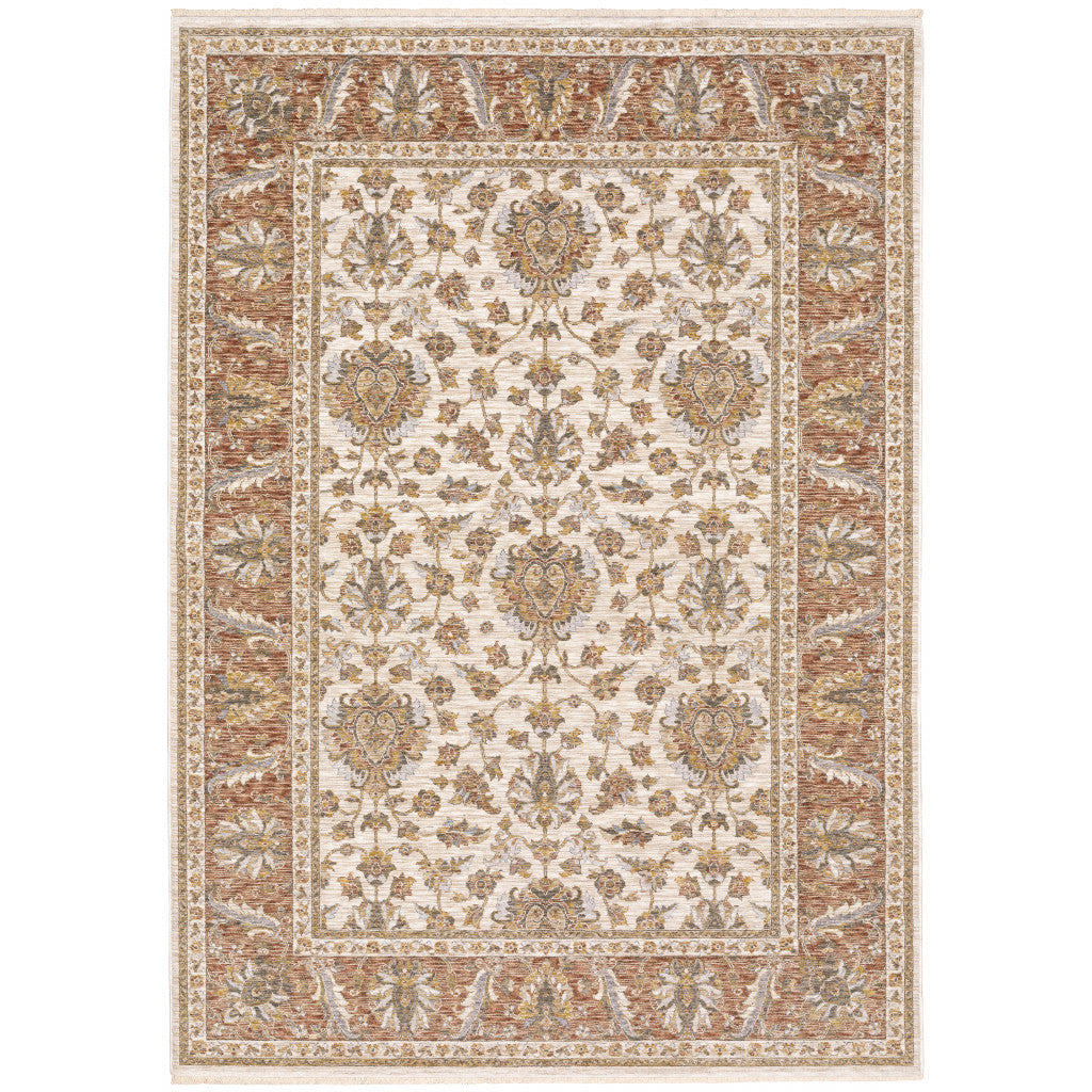 2' X 3' Rust And Ivory Oriental Power Loom Stain Resistant Area Rug With Fringe