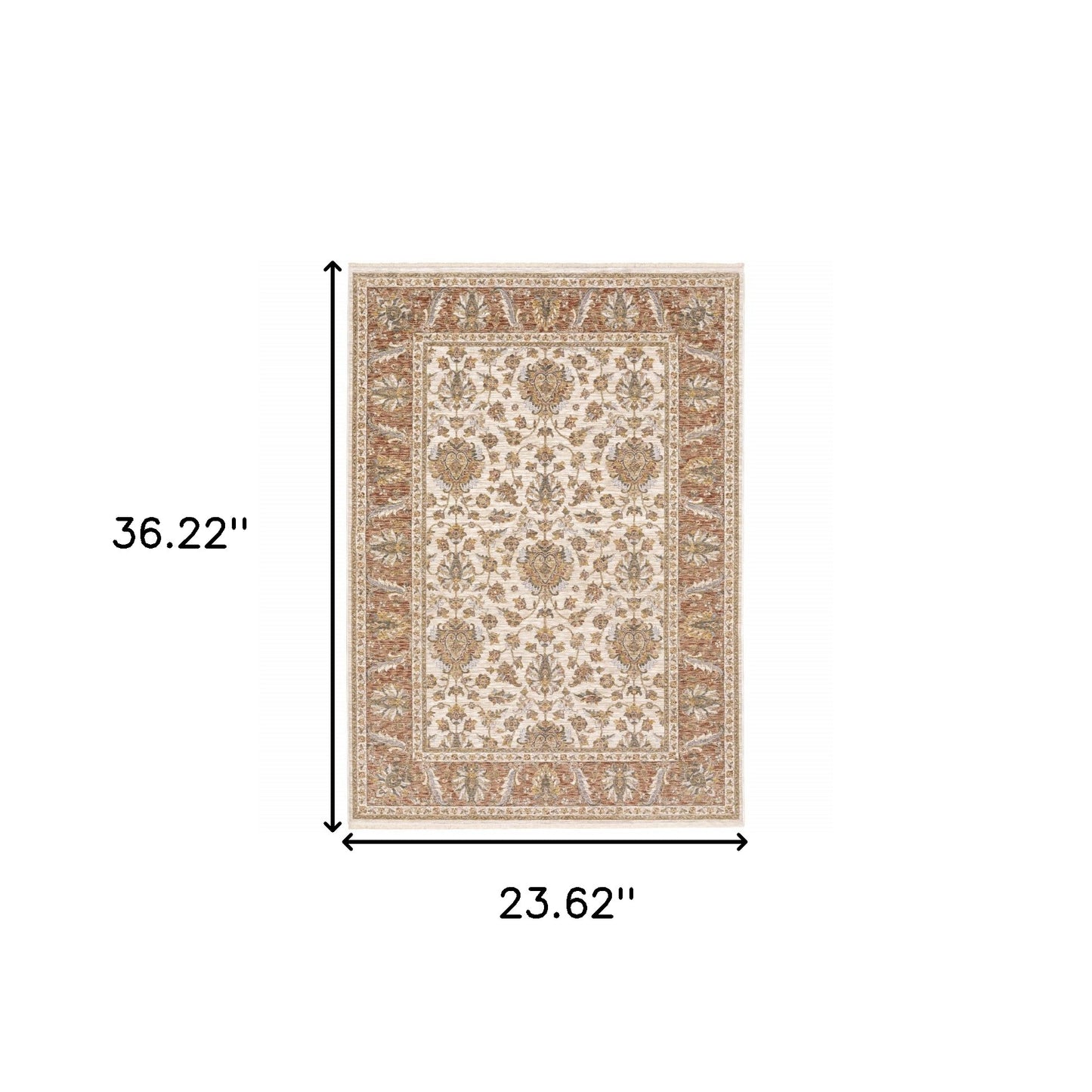 2' X 3' Rust And Ivory Oriental Power Loom Stain Resistant Area Rug With Fringe