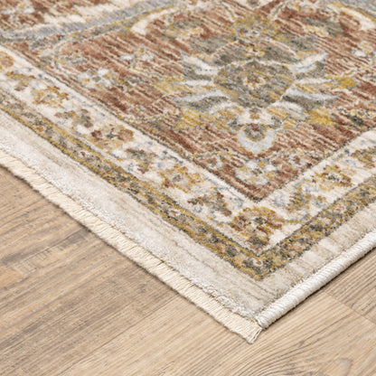 2' X 3' Rust And Ivory Oriental Power Loom Stain Resistant Area Rug With Fringe