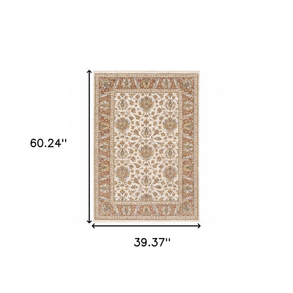 3' X 5' Rust And Ivory Oriental Power Loom Stain Resistant Area Rug With Fringe