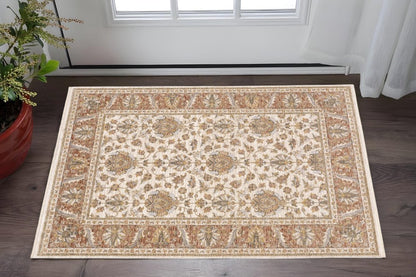 3' X 5' Rust And Ivory Oriental Power Loom Stain Resistant Area Rug With Fringe