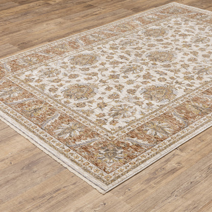 3' X 5' Rust And Ivory Oriental Power Loom Stain Resistant Area Rug With Fringe