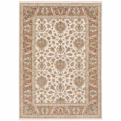 5' X 8' Rust And Ivory Oriental Power Loom Stain Resistant Area Rug With Fringe