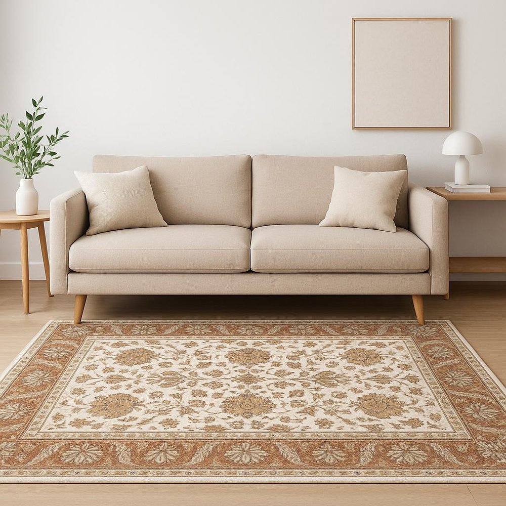5' X 8' Rust And Ivory Oriental Power Loom Stain Resistant Area Rug With Fringe