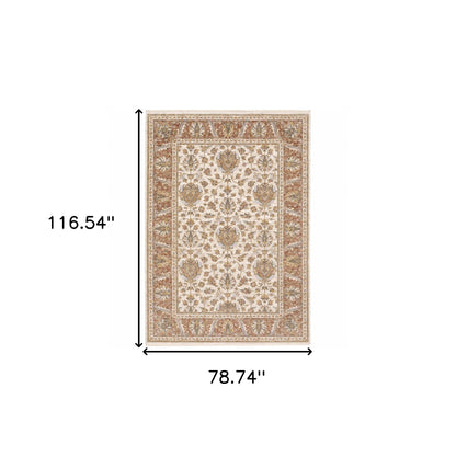 6' X 9' Rust And Ivory Oriental Power Loom Stain Resistant Area Rug With Fringe