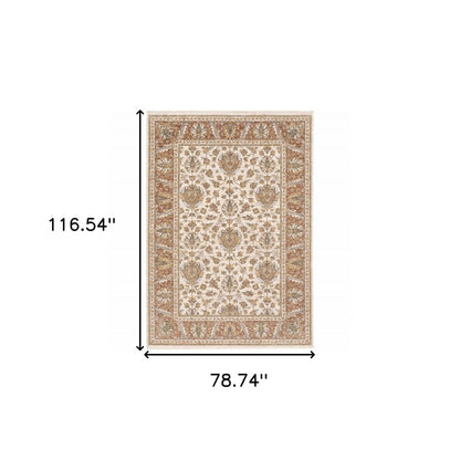 7' X 10' Ivory And Rust Oriental Area Rug With Fringe