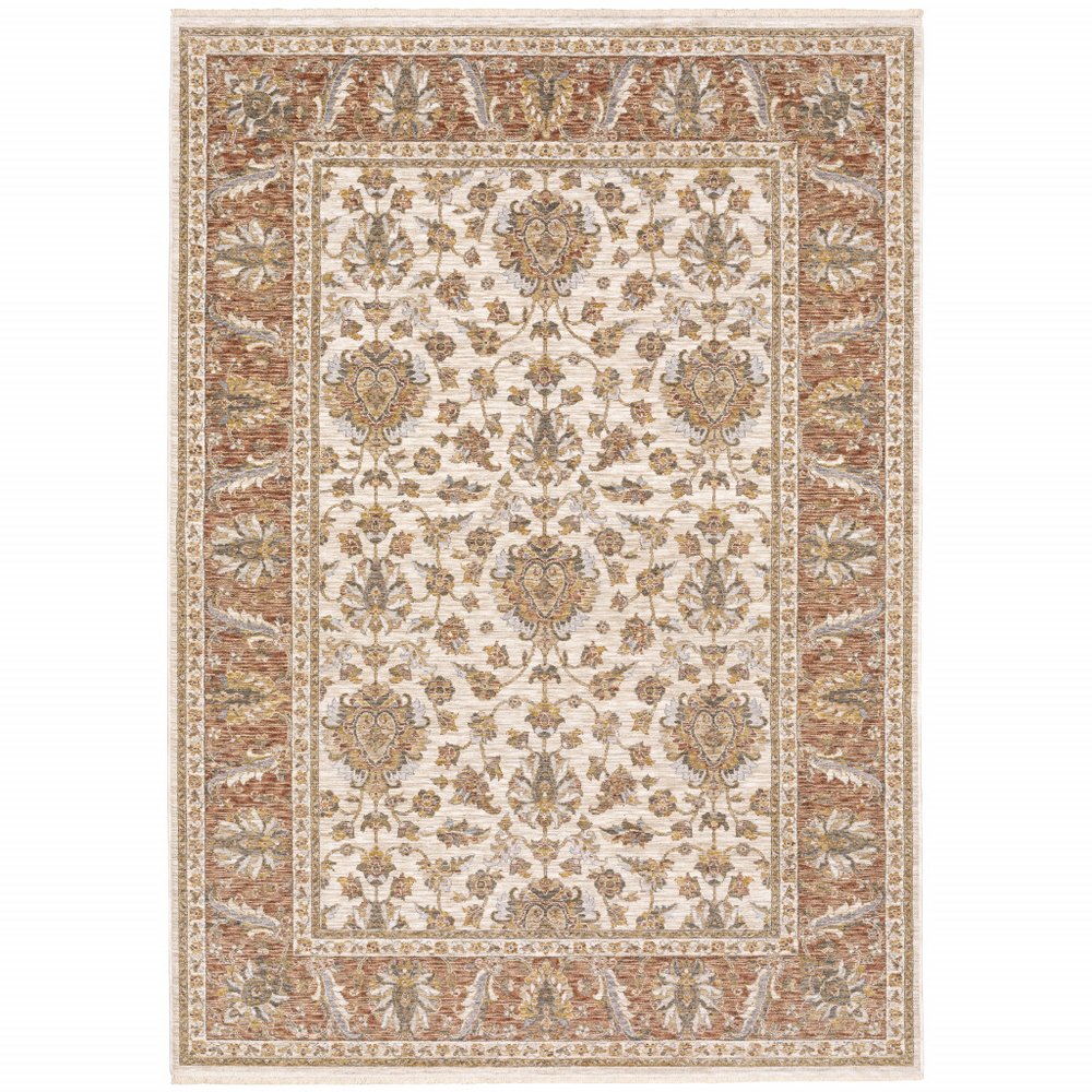 8' X 11' Ivory And Rust Oriental Area Rug With Fringe