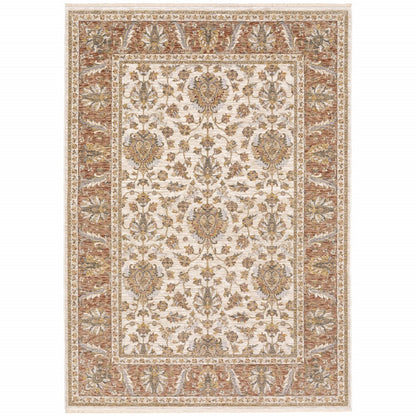 8' X 11' Ivory And Rust Oriental Area Rug With Fringe