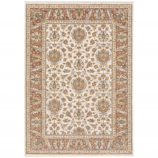 8' X 11' Ivory And Rust Oriental Area Rug With Fringe