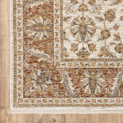 8' X 11' Ivory And Rust Oriental Area Rug With Fringe