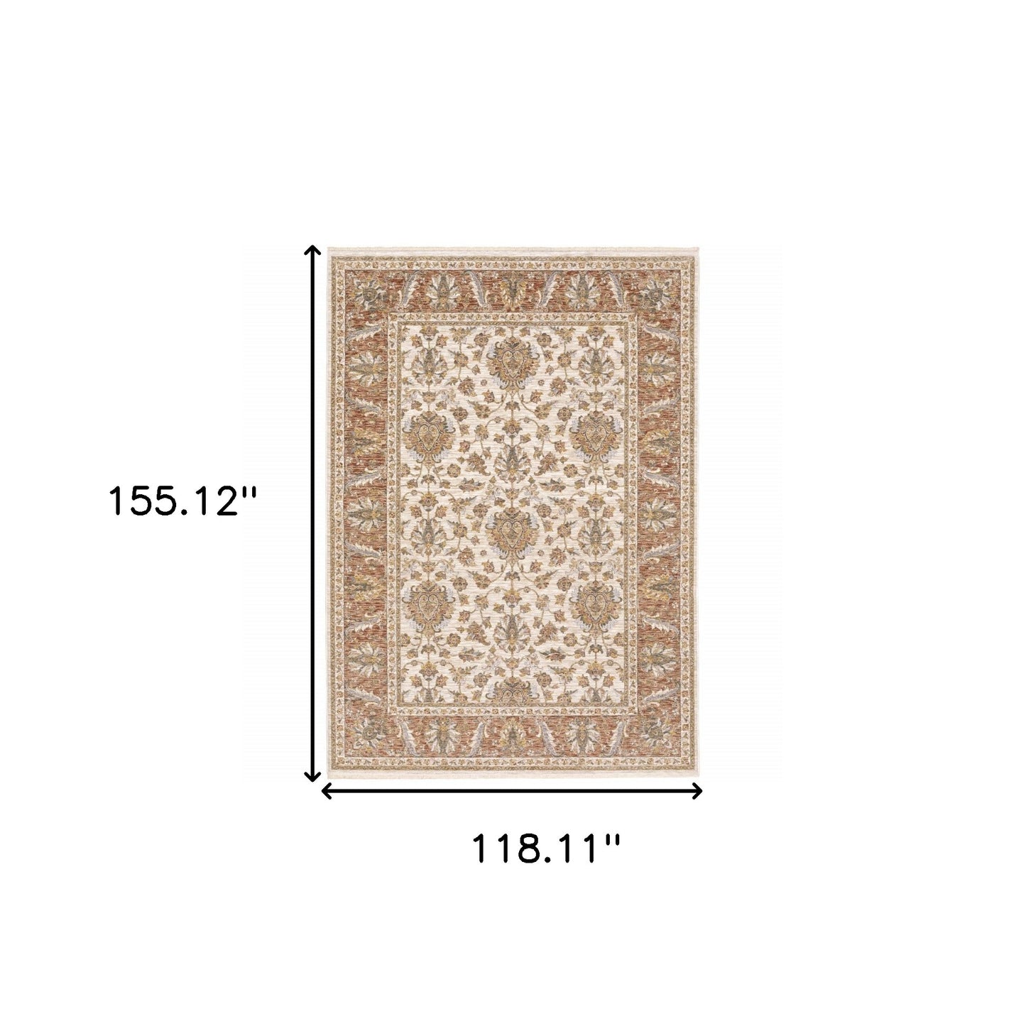 10' X 13' Rust And Ivory Oriental Power Loom Stain Resistant Area Rug With Fringe