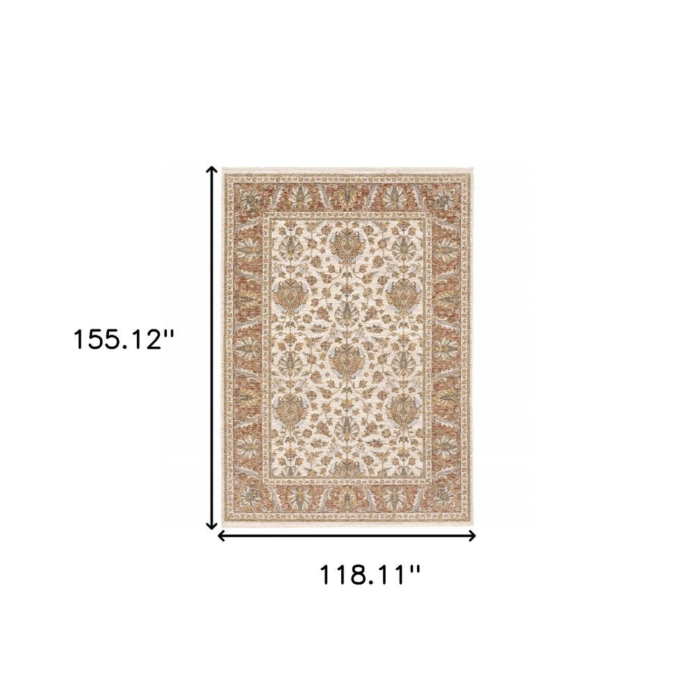 10' X 13' Ivory And Rust Oriental Area Rug With Fringe