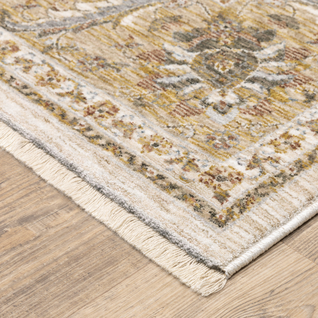 2' X 8' Ivory And Gold Oriental Power Loom Stain Resistant Runner Rug With Fringe