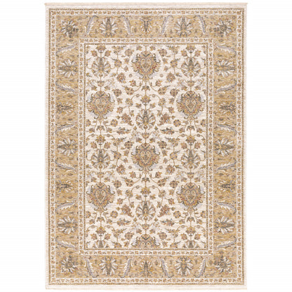 2' X 3' Ivory And Gold Oriental Power Loom Stain Resistant Area Rug With Fringe