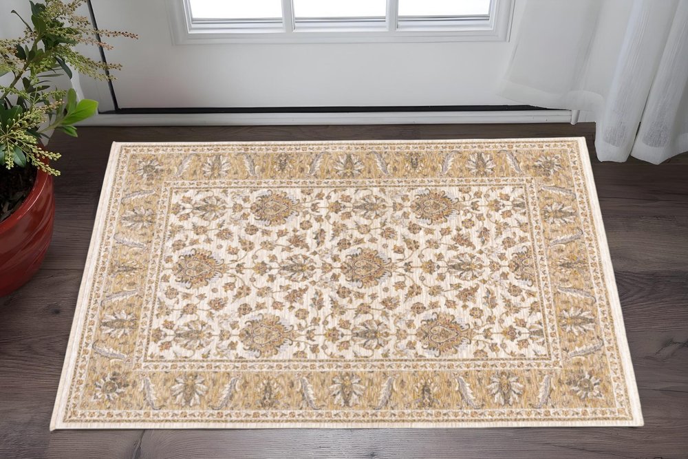 2' X 3' Ivory And Gold Oriental Power Loom Stain Resistant Area Rug With Fringe