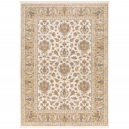 2' X 3' Ivory And Gold Oriental Power Loom Stain Resistant Area Rug With Fringe