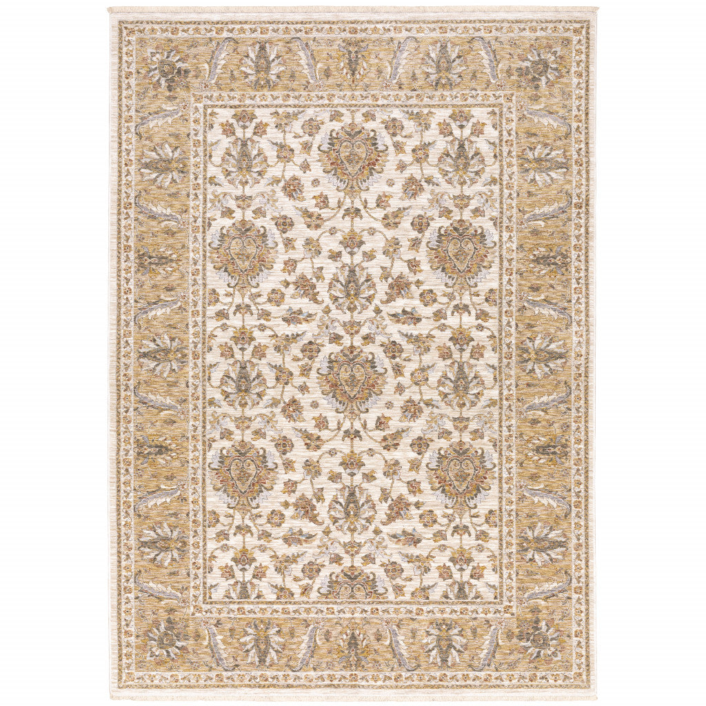 3' X 5' Ivory And Gold Oriental Power Loom Stain Resistant Area Rug With Fringe