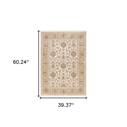 3' X 5' Ivory And Gold Oriental Power Loom Stain Resistant Area Rug With Fringe