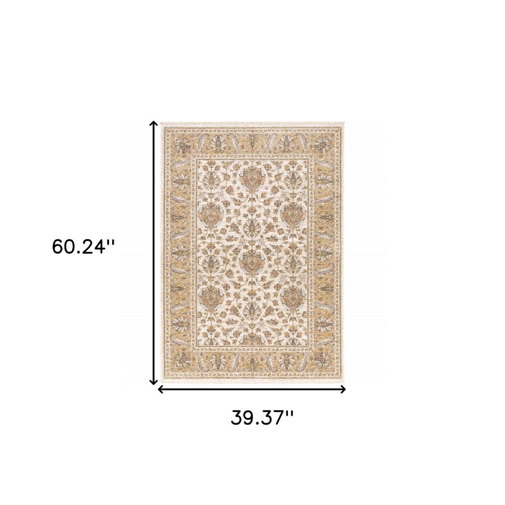 3' X 5' Ivory And Gold Oriental Area Rug With Fringe
