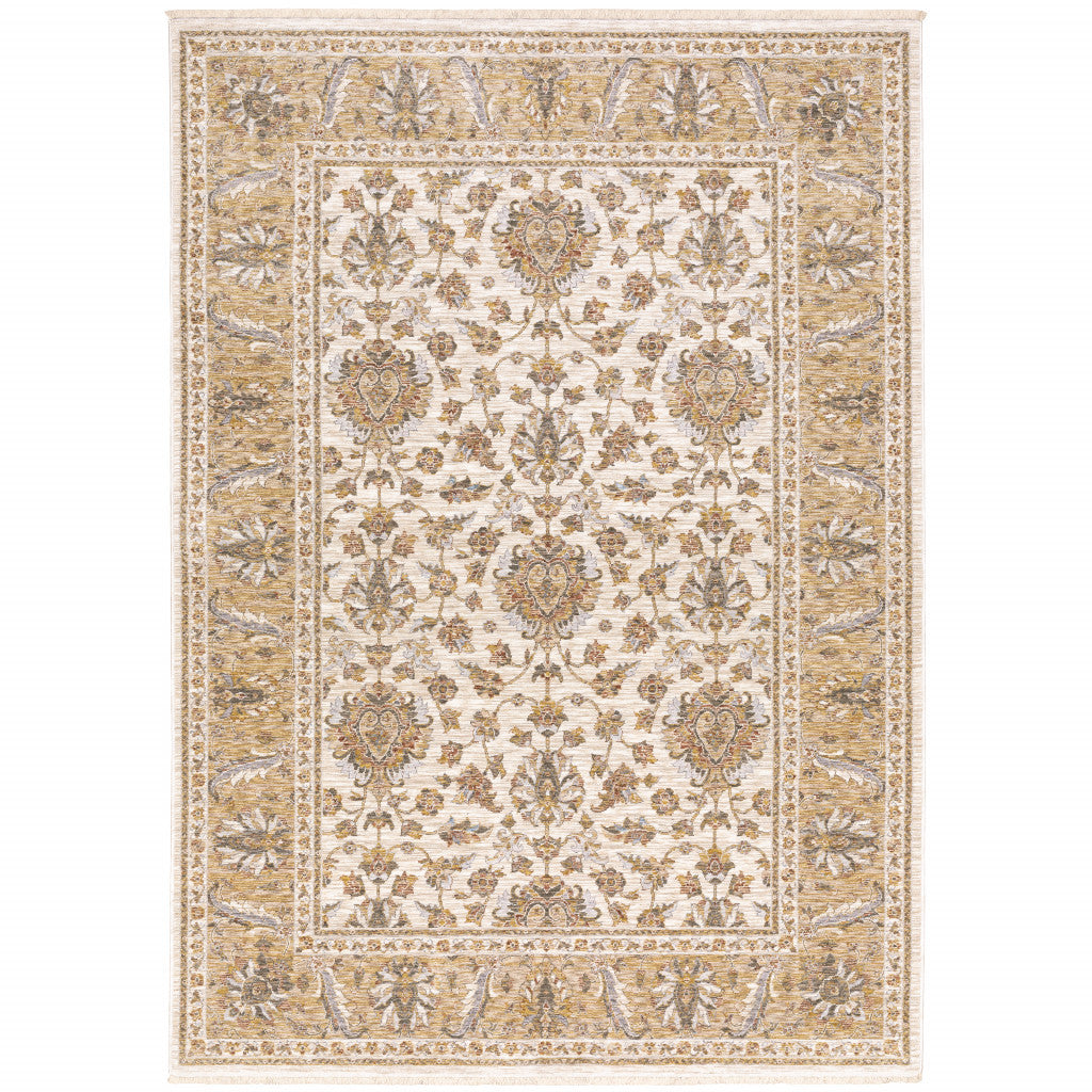 3' X 5' Ivory And Gold Oriental Power Loom Stain Resistant Area Rug With Fringe