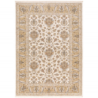 3' X 5' Ivory And Gold Oriental Power Loom Stain Resistant Area Rug With Fringe