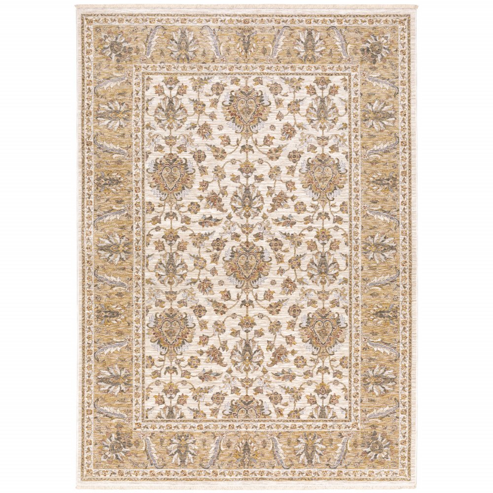 3' X 5' Ivory And Gold Oriental Area Rug With Fringe