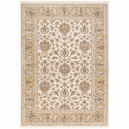 3' X 5' Ivory And Gold Oriental Area Rug With Fringe