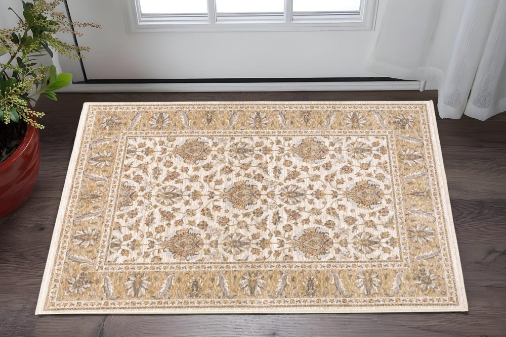 3' X 5' Ivory And Gold Oriental Area Rug With Fringe