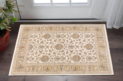 3' X 5' Ivory And Gold Oriental Area Rug With Fringe