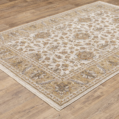 3' X 5' Ivory And Gold Oriental Power Loom Stain Resistant Area Rug With Fringe