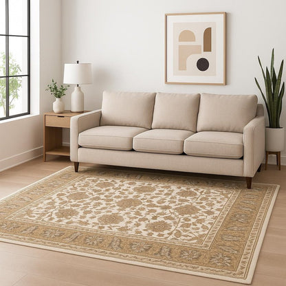 5' X 8' Ivory And Gold Oriental Power Loom Stain Resistant Area Rug With Fringe