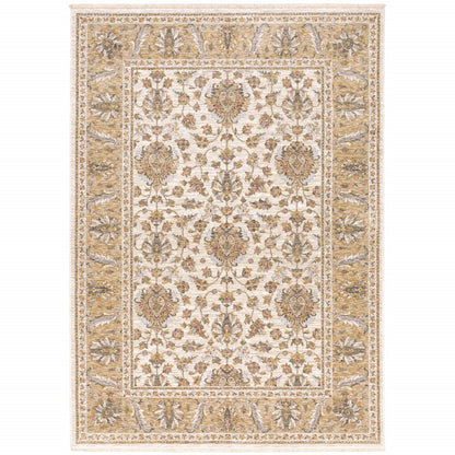 7' X 10' Ivory And Gold Oriental Area Rug With Fringe
