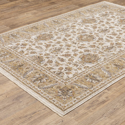 7' X 10' Ivory And Gold Oriental Area Rug With Fringe