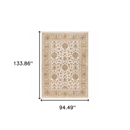 8' X 11' Ivory And Gold Oriental Area Rug With Fringe