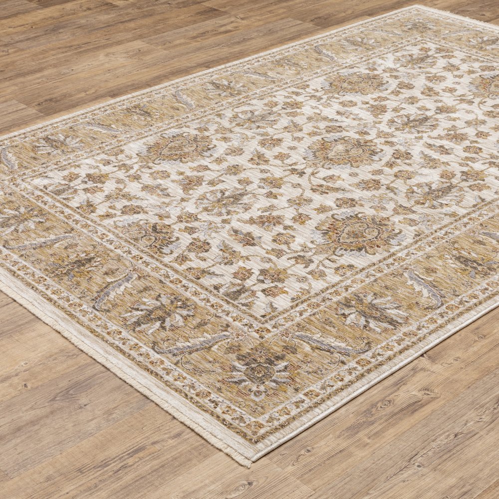8' X 11' Ivory And Gold Oriental Area Rug With Fringe