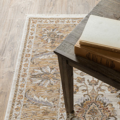 8' X 11' Ivory And Gold Oriental Area Rug With Fringe