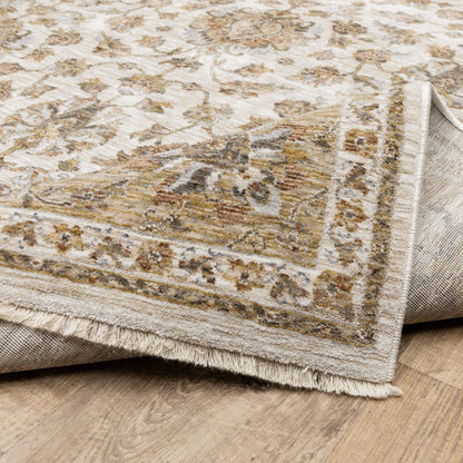8' X 11' Ivory And Gold Oriental Area Rug With Fringe
