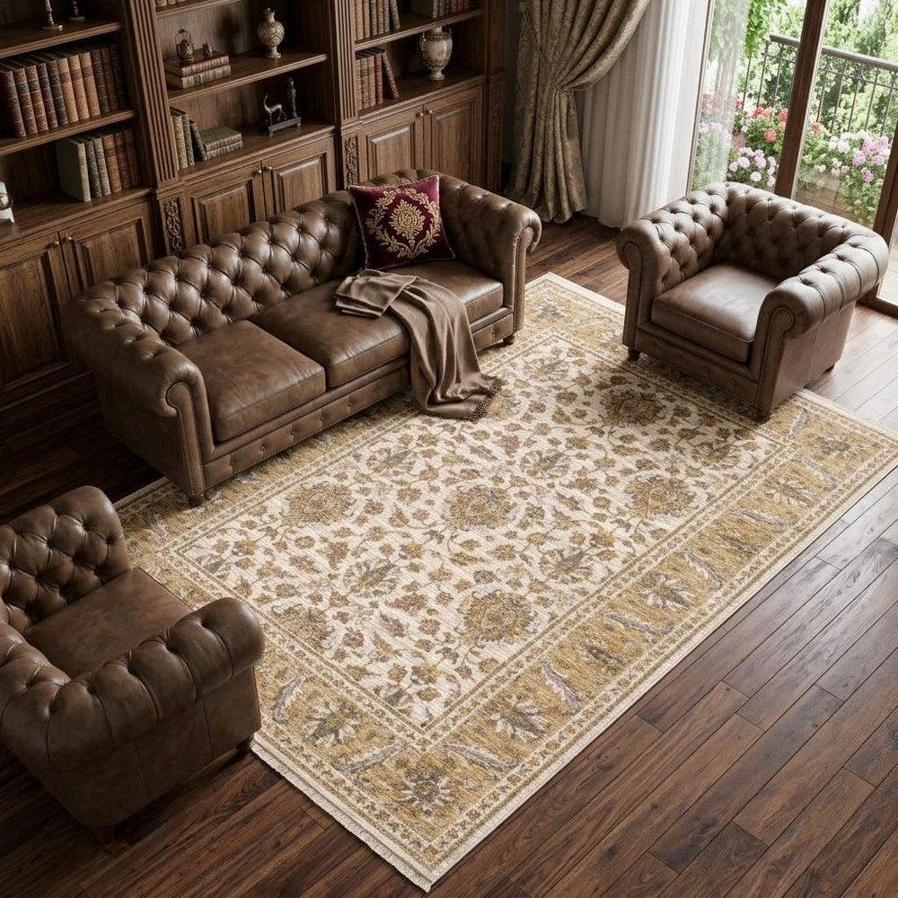 10' X 13' Ivory And Gold Oriental Area Rug With Fringe