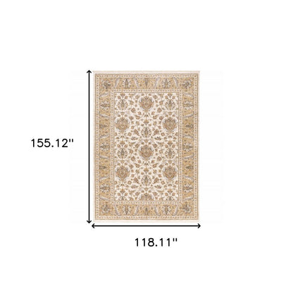 10' X 13' Ivory And Gold Oriental Area Rug With Fringe
