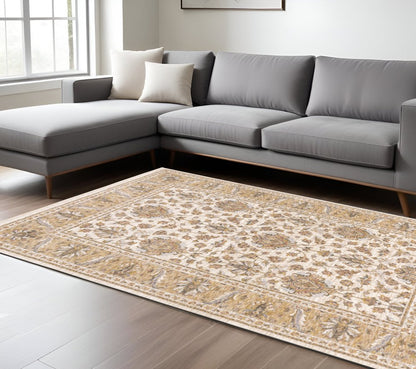 10' X 13' Ivory And Gold Oriental Area Rug With Fringe