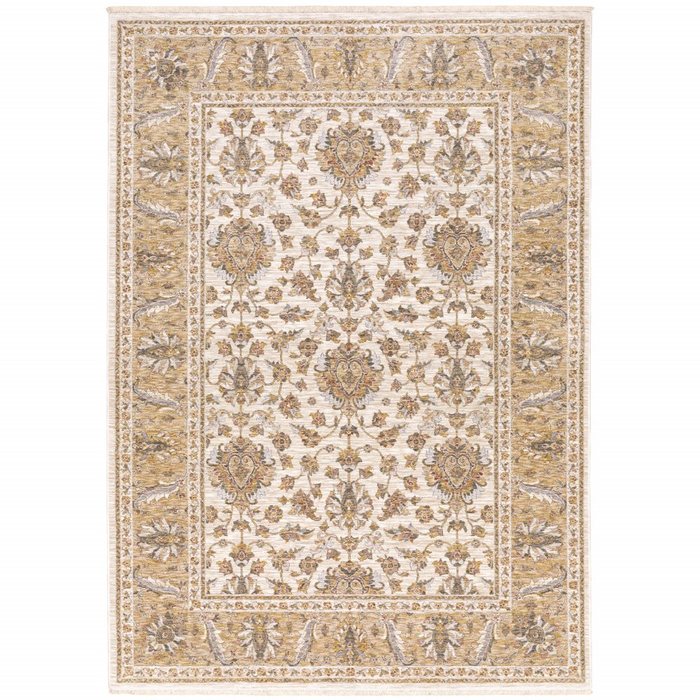 10' X 13' Ivory And Gold Oriental Area Rug With Fringe