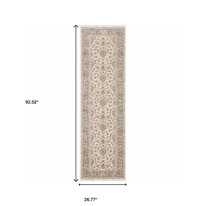 2' X 8' Ivory And Blue Oriental Power Loom Stain Resistant Runner Rug With Fringe