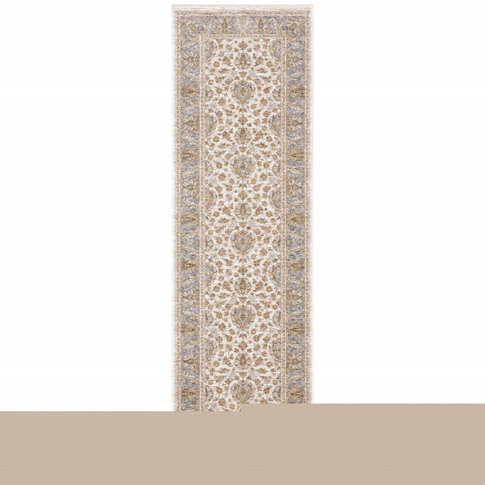 2' X 8' Ivory And Blue Oriental Power Loom Stain Resistant Runner Rug With Fringe
