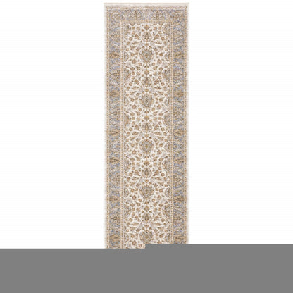 2' X 8' Ivory And Blue Oriental Power Loom Stain Resistant Runner Rug With Fringe